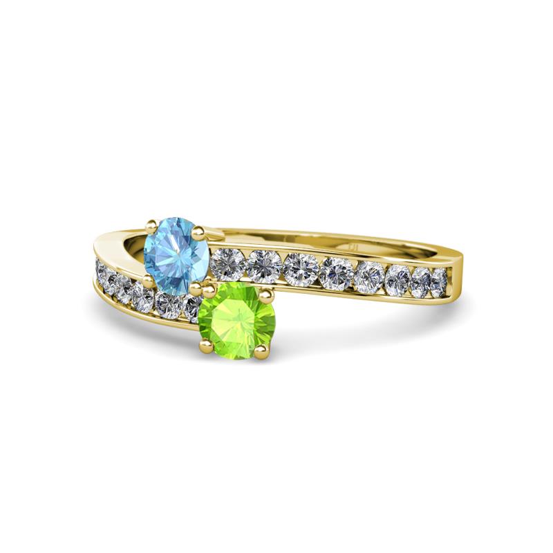 Olena Blue Topaz and Peridot with Side Diamonds Bypass Ring 