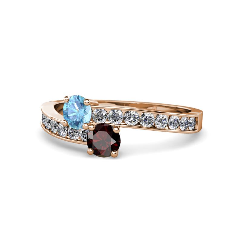 Olena Blue Topaz and Red Garnet with Side Diamonds Bypass Ring 