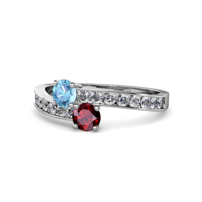 Olena Blue Topaz and Ruby with Side Diamonds Bypass Ring 