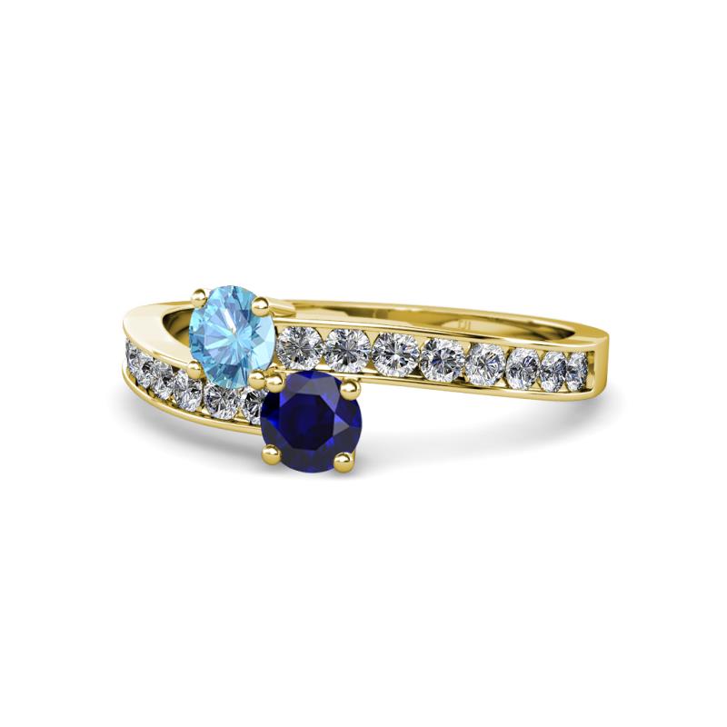 Olena Blue Topaz and Blue Sapphire with Side Diamonds Bypass Ring 