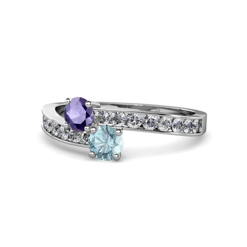 Olena Iolite and Aquamarine with Side Diamonds Bypass Ring 