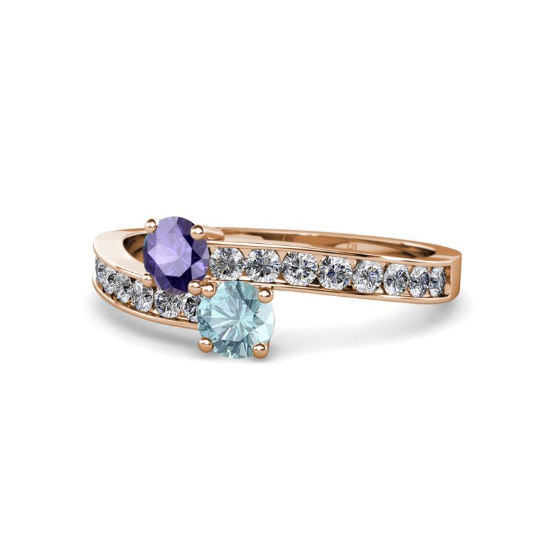 Olena Iolite and Aquamarine with Side Diamonds Bypass Ring 