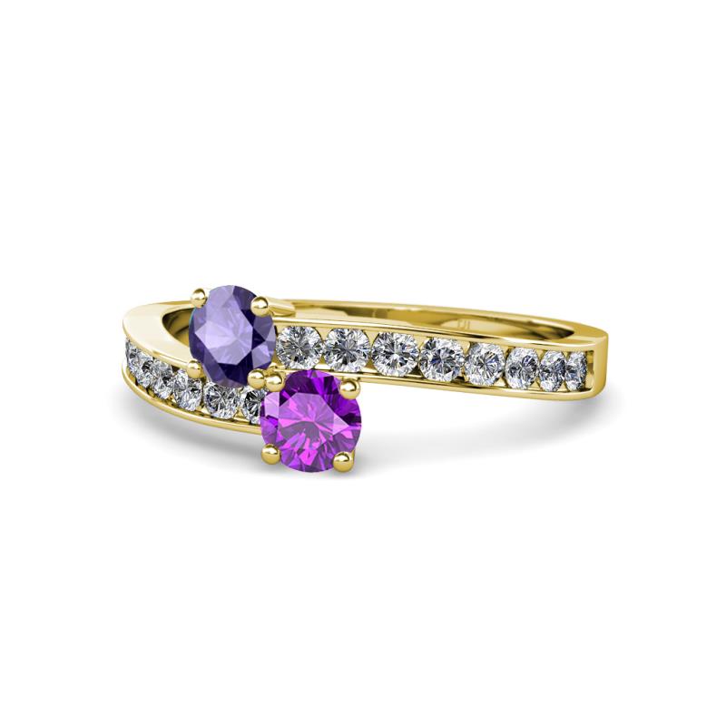 Olena Iolite and Amethyst with Side Diamonds Bypass Ring 