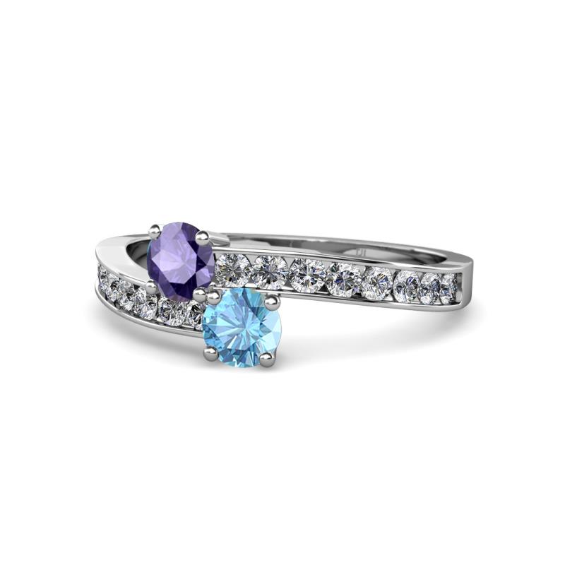 Olena Iolite and Blue Topaz with Side Diamonds Bypass Ring 