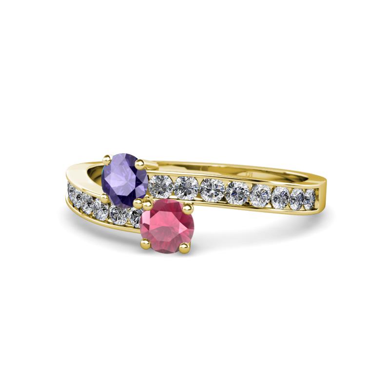 Olena Iolite and Rhodolite Garnet with Side Diamonds Bypass Ring 