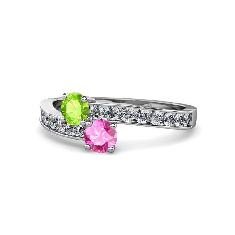 Olena Peridot and Pink Sapphire with Side Diamonds Bypass Ring 