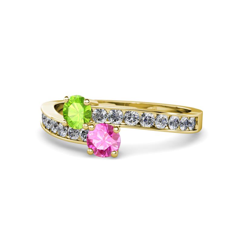 Olena Peridot and Pink Sapphire with Side Diamonds Bypass Ring 