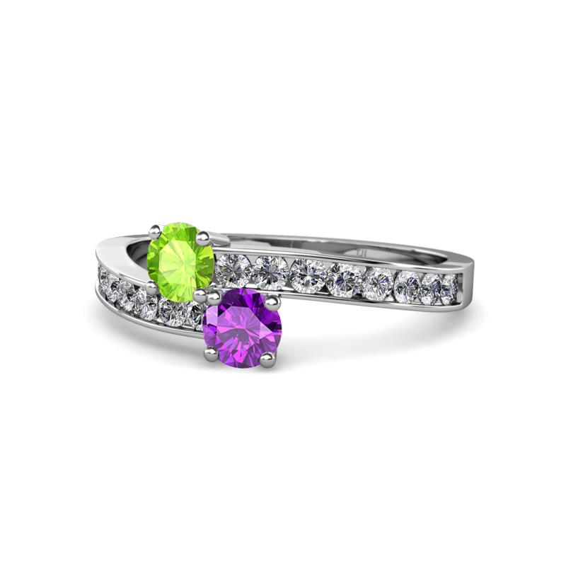 Olena Peridot and Amethyst with Side Diamonds Bypass Ring 