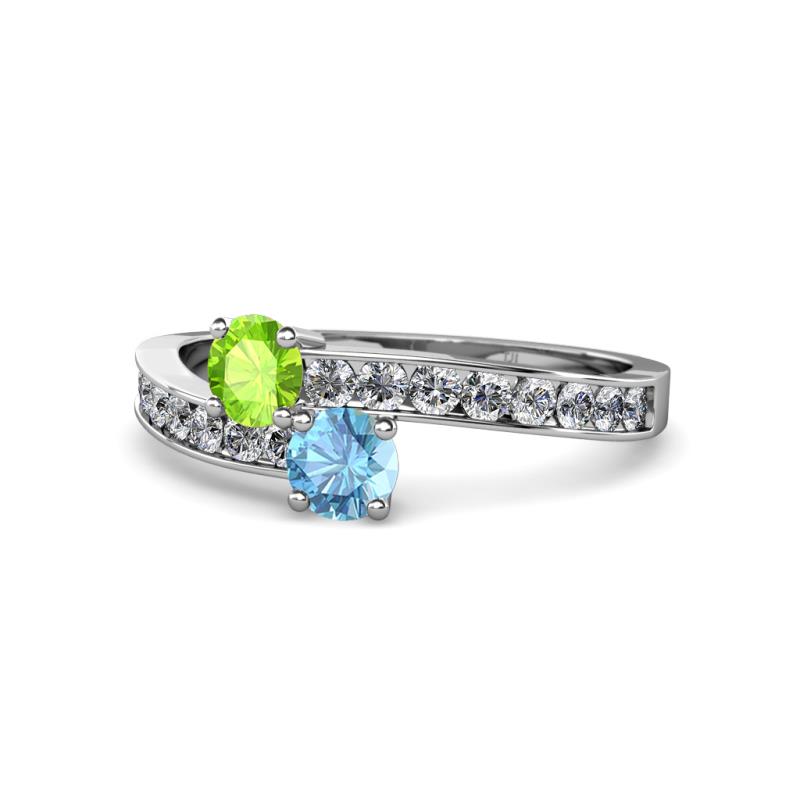 Olena Peridot and Blue Topaz with Side Diamonds Bypass Ring 
