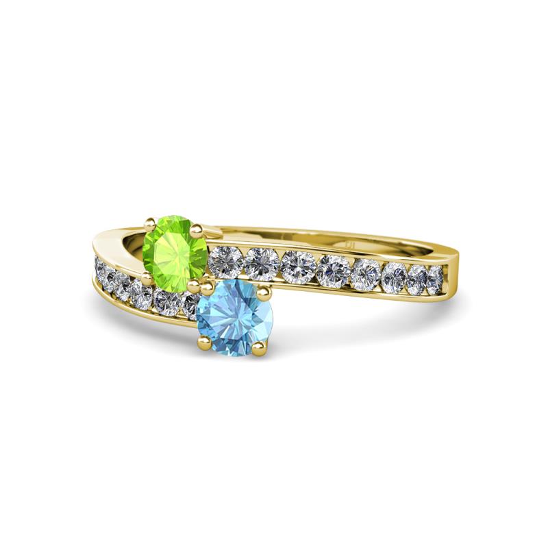 Olena Peridot and Blue Topaz with Side Diamonds Bypass Ring 
