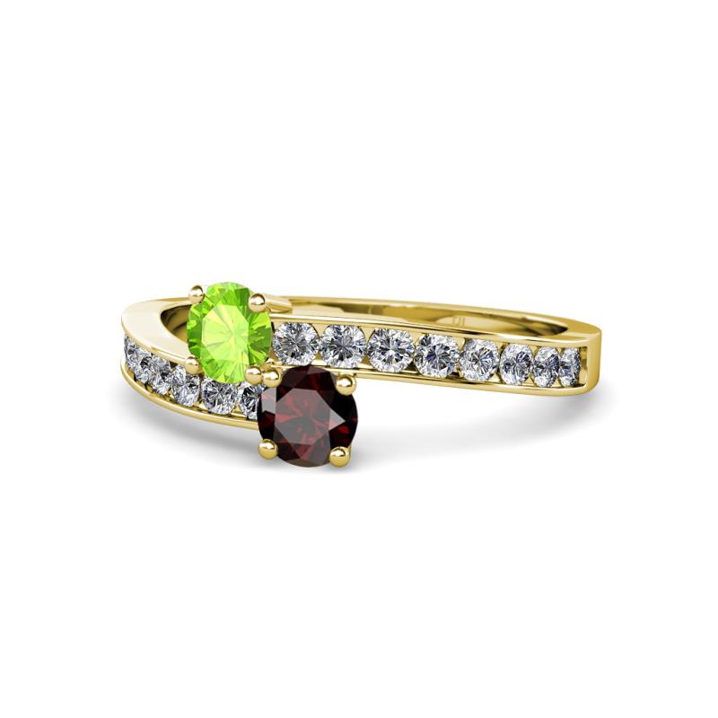 Olena Peridot and Red Garnet with Side Diamonds Bypass Ring 