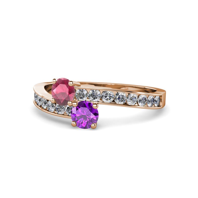 Olena Rhodolite Garnet and Amethyst with Side Diamonds Bypass Ring 