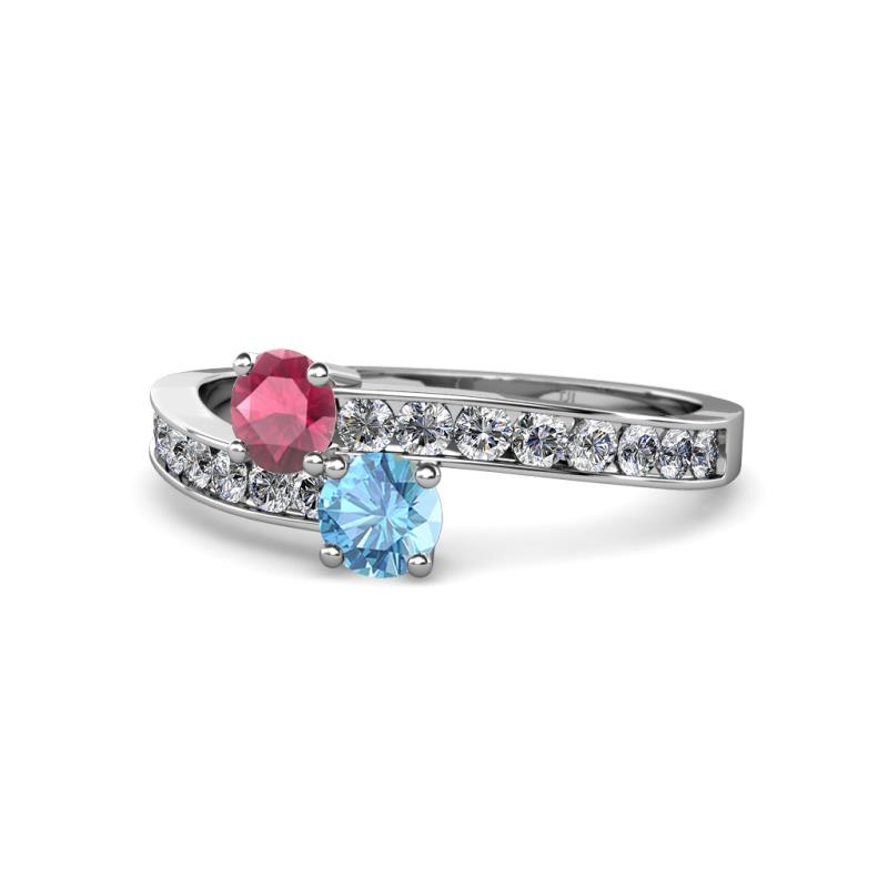 Olena Rhodolite Garnet and Blue Topaz with Side Diamonds Bypass Ring 