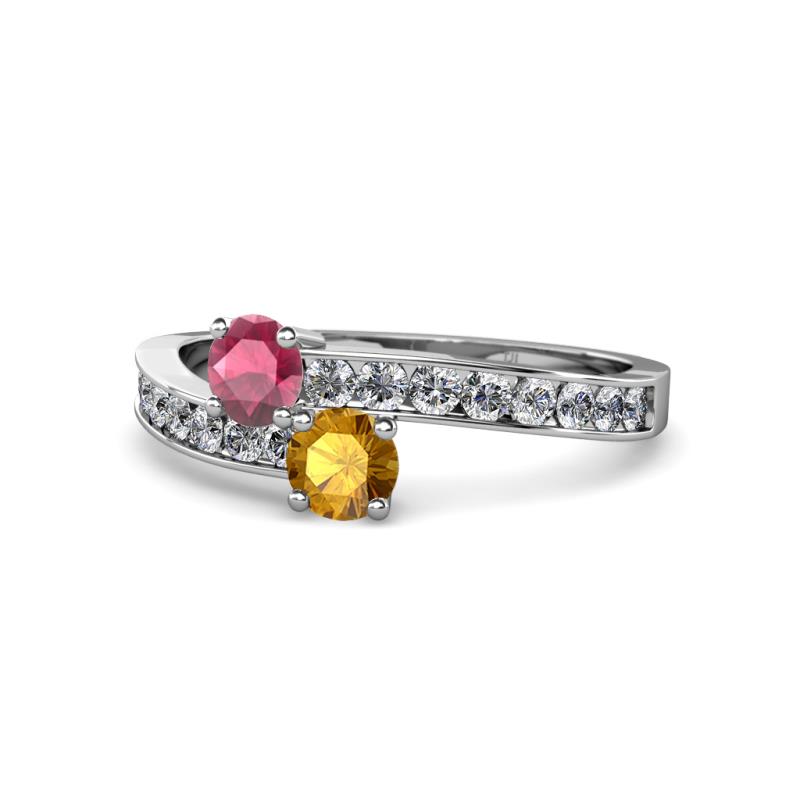 Olena Rhodolite Garnet and Citrine with Side Diamonds Bypass Ring 