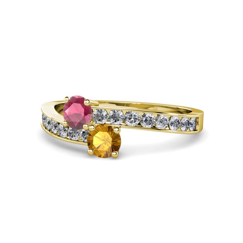 Olena Rhodolite Garnet and Citrine with Side Diamonds Bypass Ring 