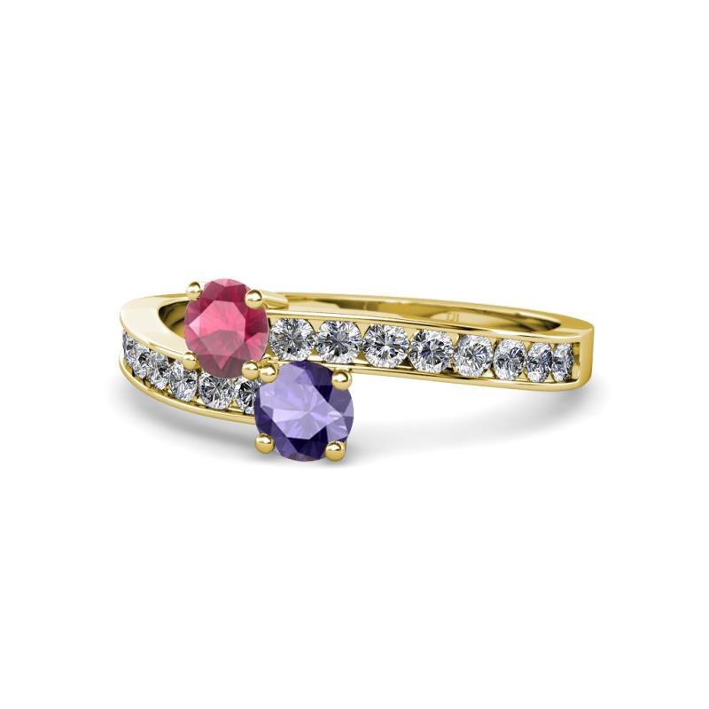 Olena Rhodolite Garnet and Iolite with Side Diamonds Bypass Ring 