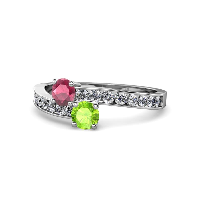 Olena Rhodolite Garnet and Peridot with Side Diamonds Bypass Ring 