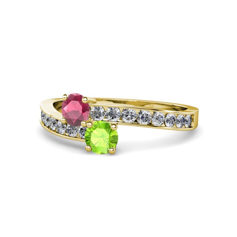 Olena Rhodolite Garnet and Peridot with Side Diamonds Bypass Ring 