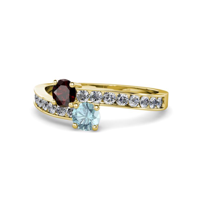 Olena Red Garnet and Aquamarine with Side Diamonds Bypass Ring 