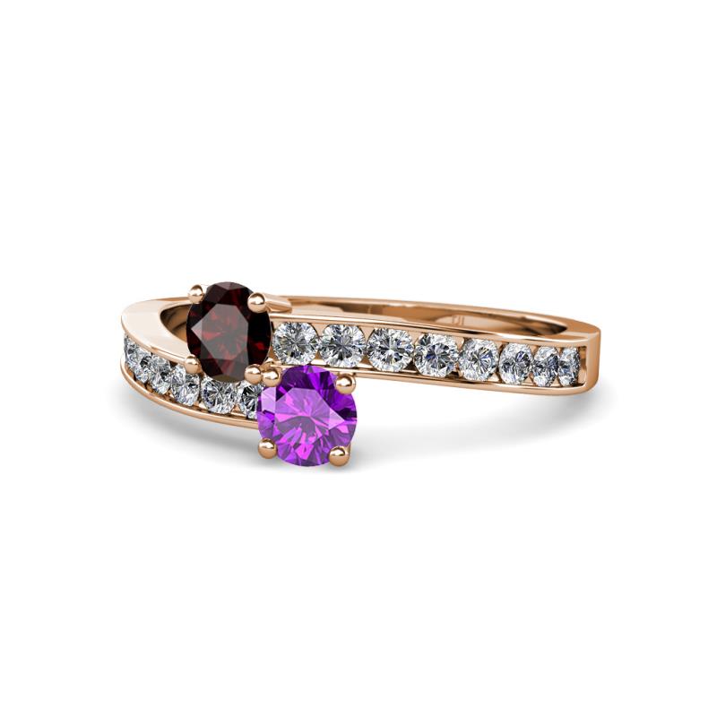 Olena Red Garnet and Amethyst with Side Diamonds Bypass Ring 