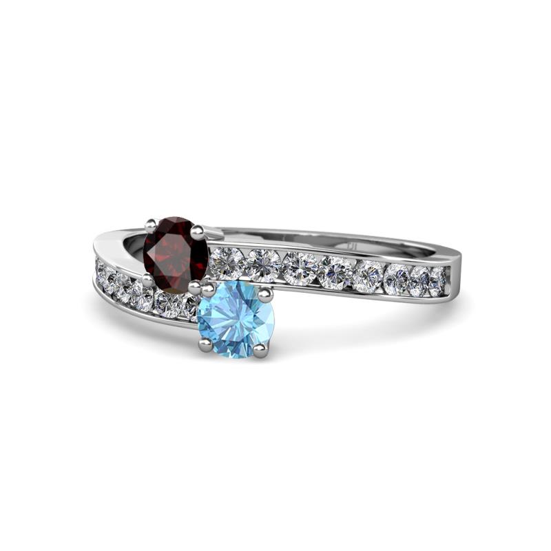 Olena Red Garnet and Blue Topaz with Side Diamonds Bypass Ring 