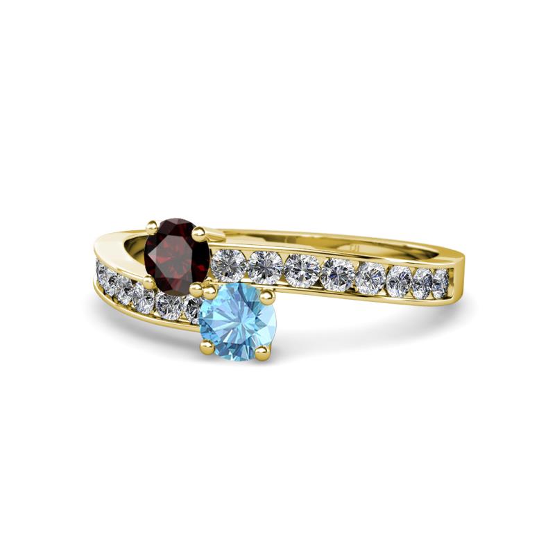 Olena Red Garnet and Blue Topaz with Side Diamonds Bypass Ring 