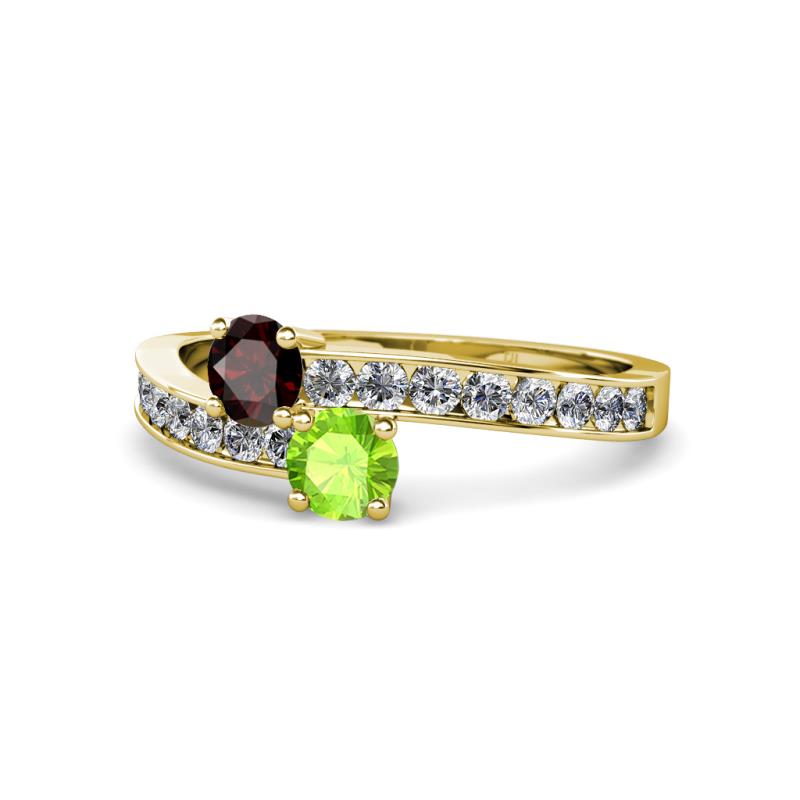 Olena Red Garnet and Peridot with Side Diamonds Bypass Ring 