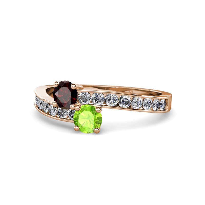 Olena Red Garnet and Peridot with Side Diamonds Bypass Ring 