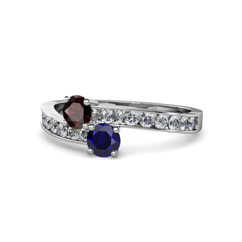 Olena Red Garnet and Blue Sapphire with Side Diamonds Bypass Ring 