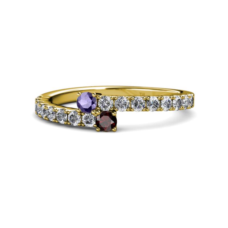 Delise 3.40mm Round Iolite and Red Garnet with Side Diamonds Bypass Ring 