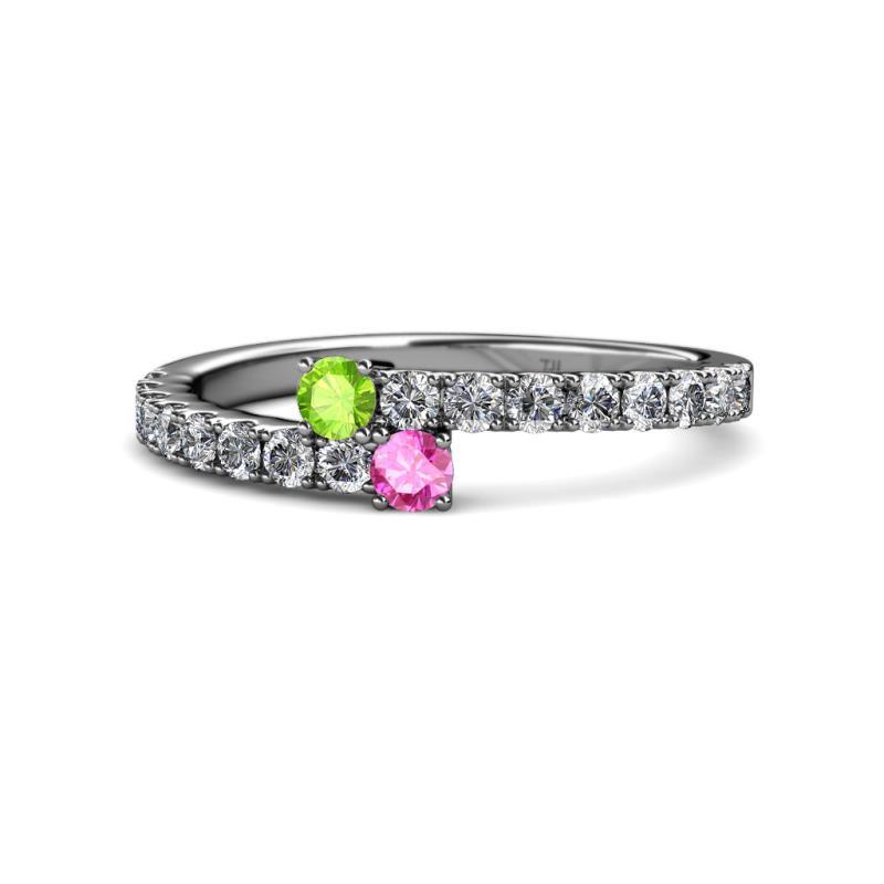 Delise 3.40mm Round Peridot and Pink Sapphire with Side Diamonds Bypass Ring 