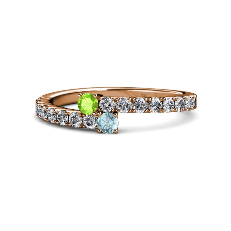 Delise 3.40mm Round Peridot and Aquamarine with Side Diamonds Bypass Ring 