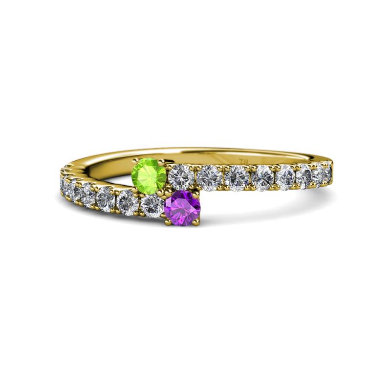 Delise 3.40mm Round Peridot and Amethyst with Side Diamonds Bypass Ring 