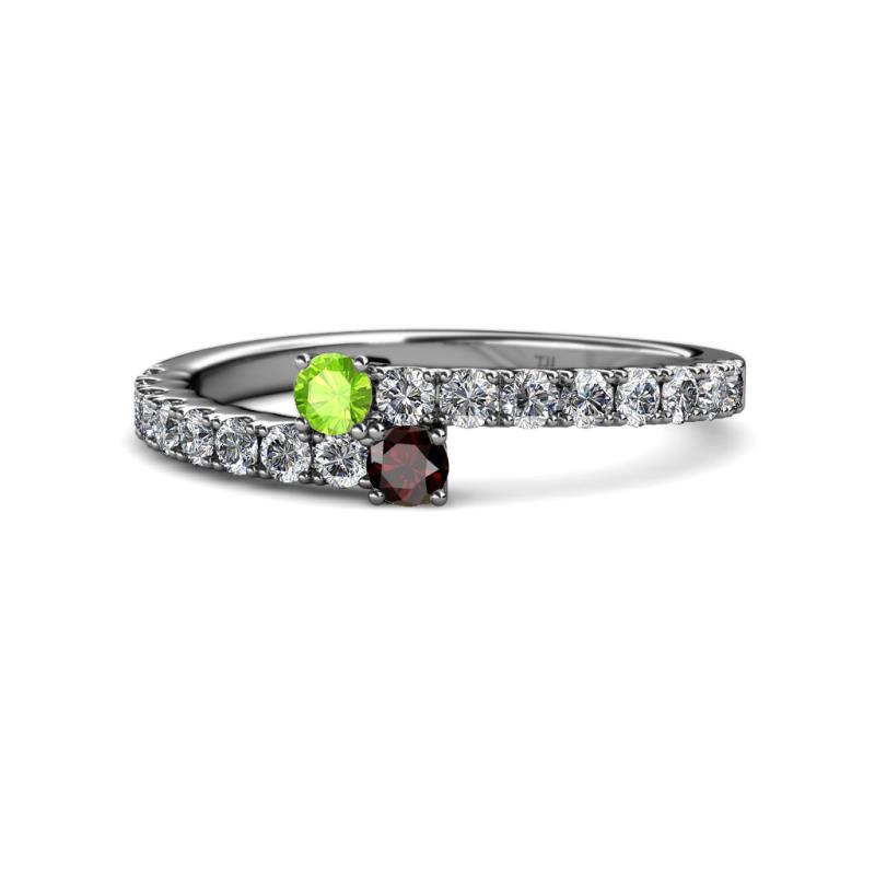 Delise 3.40mm Round Peridot and Red Garnet with Side Diamonds Bypass Ring 