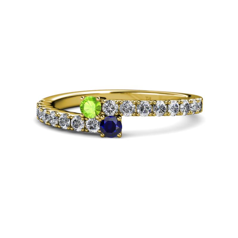 Delise 3.40mm Round Peridot and Blue Sapphire with Side Diamonds Bypass Ring 