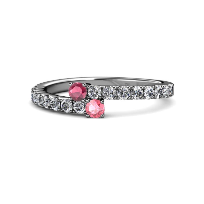 Delise 3.40mm Round Rhodolite Garnet and Pink Tourmaline with Side Diamonds Bypass Ring 