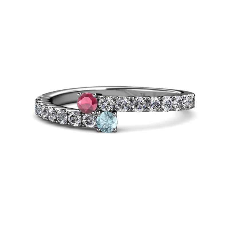 Delise 3.40mm Round Rhodolite Garnet and Aquamarine with Side Diamonds Bypass Ring 