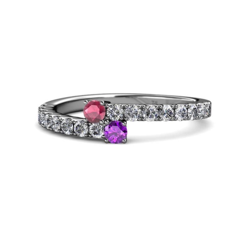 Delise 3.40mm Round Rhodolite Garnet and Amethyst with Side Diamonds Bypass Ring 