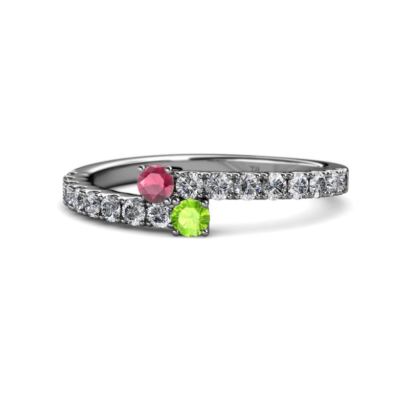 Delise 3.40mm Round Rhodolite Garnet and Peridot with Side Diamonds Bypass Ring 