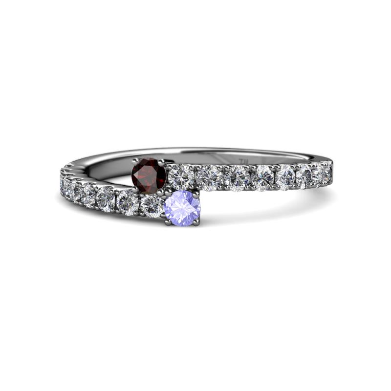 Delise 3.40mm Round Red Garnet and Tanzanite with Side Diamonds Bypass Ring 