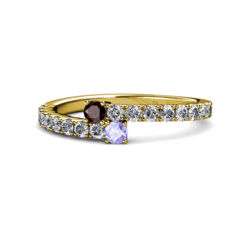 Delise 3.40mm Round Red Garnet and Tanzanite with Side Diamonds Bypass Ring 