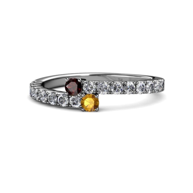 Delise 3.40mm Round Red Garnet and Citrine with Side Diamonds Bypass Ring 