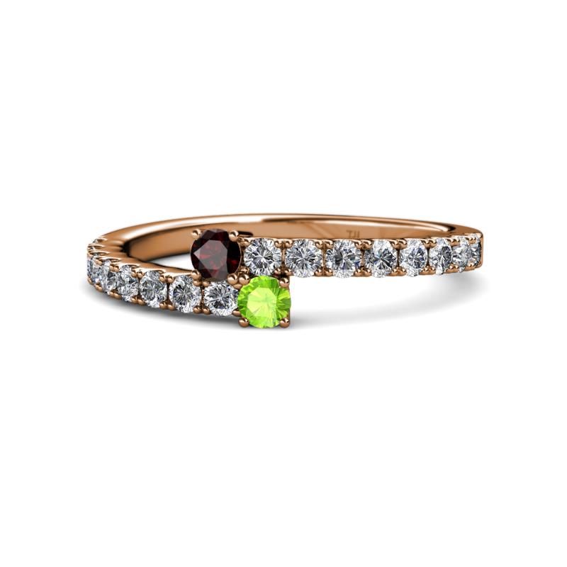 Delise 3.40mm Round Red Garnet and Peridot with Side Diamonds Bypass Ring 