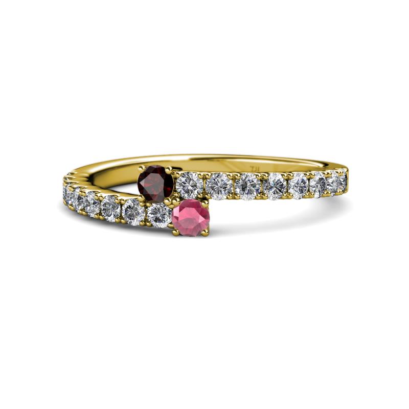 Delise 3.40mm Round Red and Rhodolite Garnet with Side Diamonds Bypass Ring 