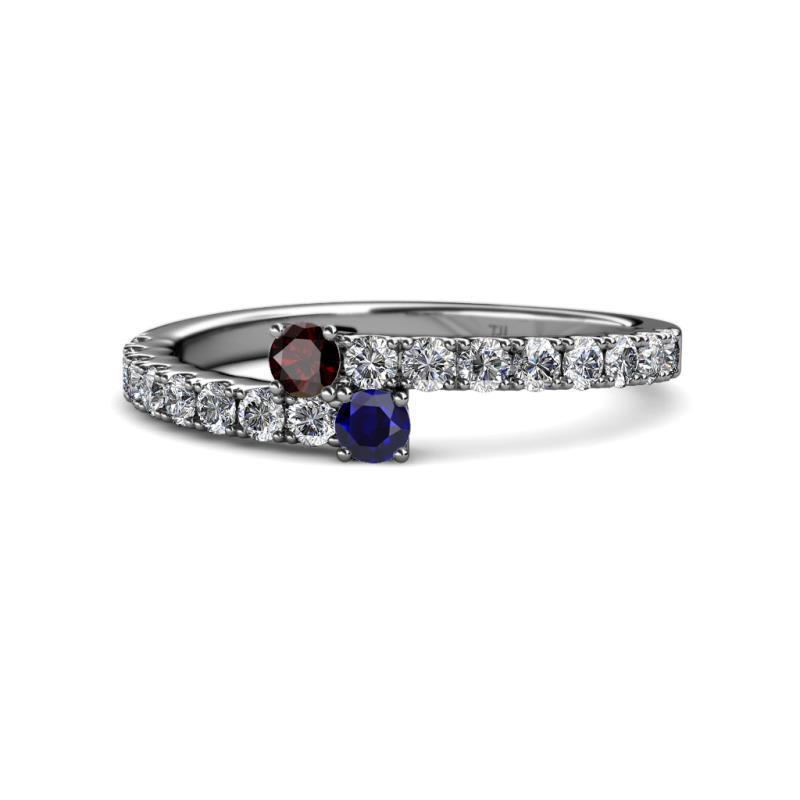 Delise 3.40mm Round Red Garnet and Blue Sapphire with Side Diamonds Bypass Ring 