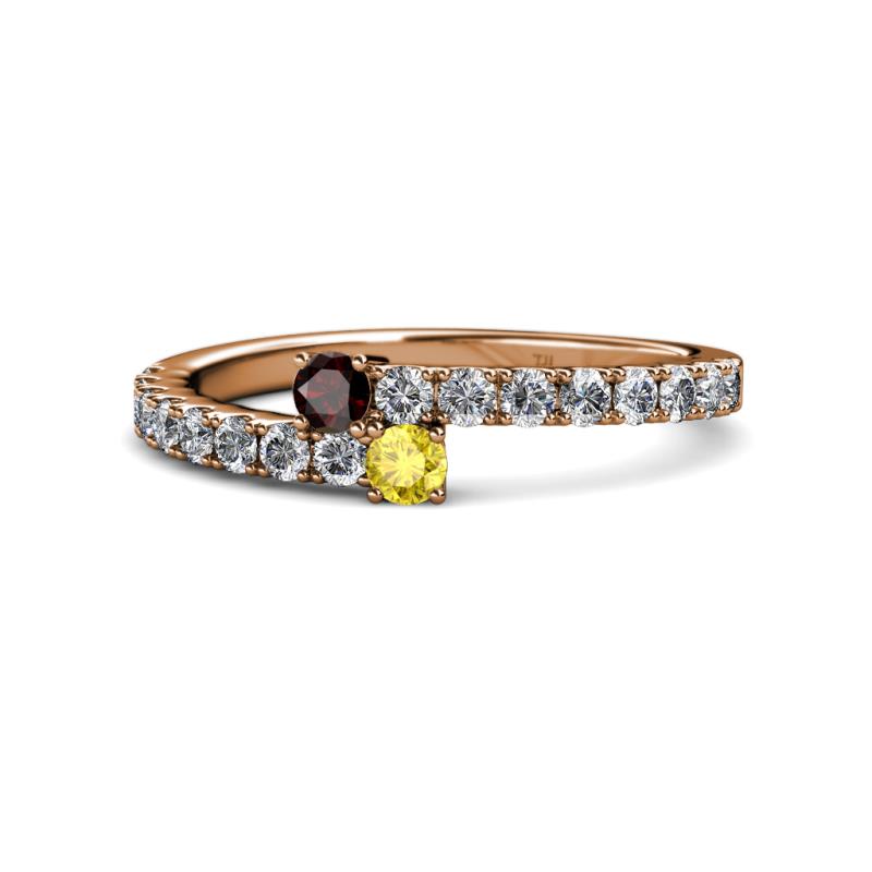 Delise 3.40mm Round Red Garnet and Yellow Sapphire with Side Diamonds Bypass Ring 