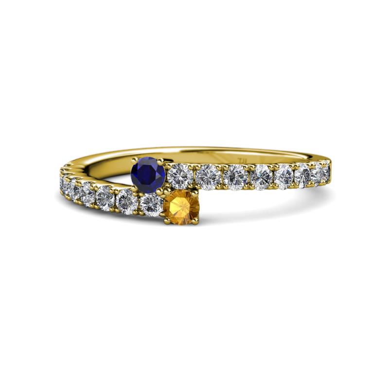 Delise 3.40mm Round Blue Sapphire and Citrine with Side Diamonds Bypass Ring 