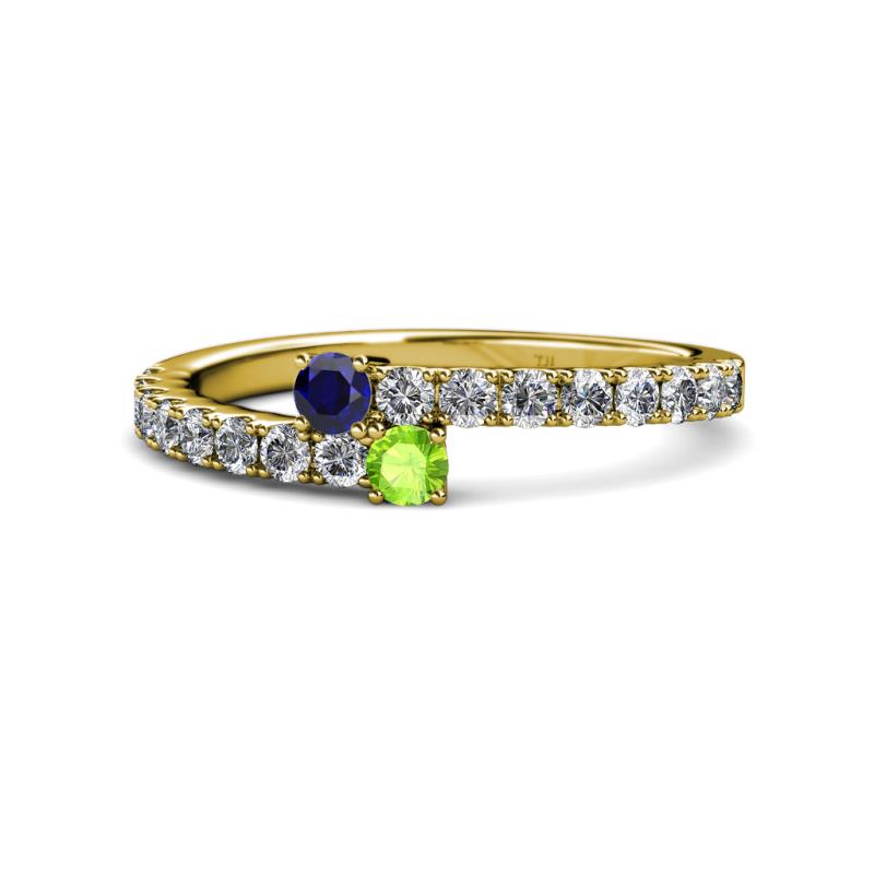 Delise 3.40mm Round Blue Sapphire and Peridot with Side Diamonds Bypass Ring 