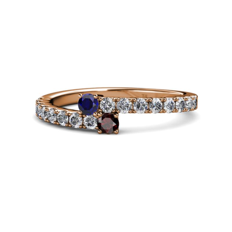 Delise 3.40mm Round Blue Sapphire and Red Garnet with Side Diamonds Bypass Ring 