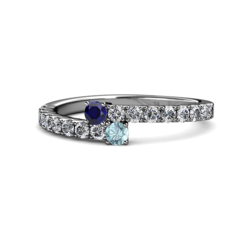 Delise 3.40mm Round Blue Sapphire and Aquamarine with Side Diamonds Bypass Ring 